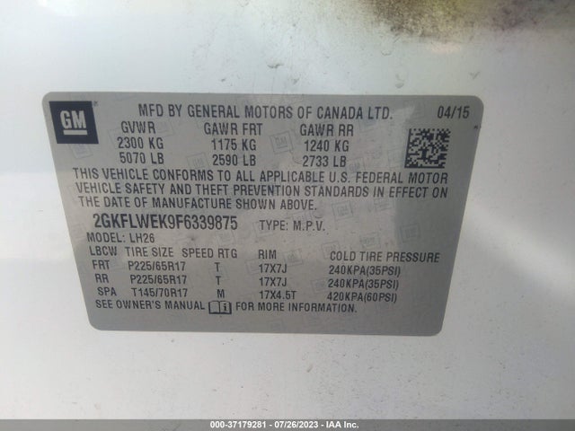 GMC Terrain Sle 2015 2GKFLWEK9F6339875 Image 9