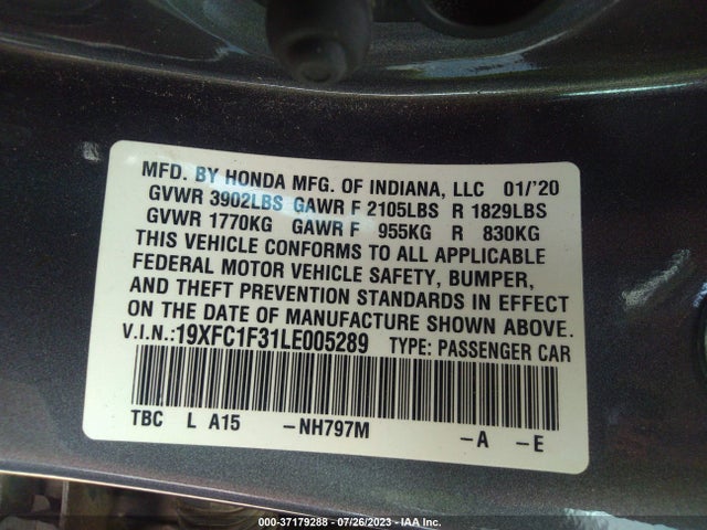 Honda Civic Sedan Ex 2020 19XFC1F31LE005289 Image 9