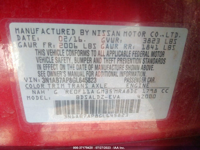 2016 NISSAN SENTRA SV VIN: 3N1AB7AP8GL645823