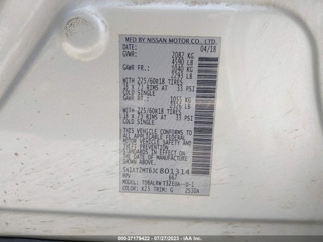 2018 NISSAN ROGUE SL VIN: 5N1AT2MT6JC801314
