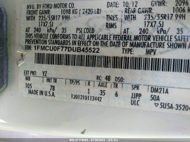 2013 FORD ESCAPE S VIN: 1FMCU0F77DUB45522