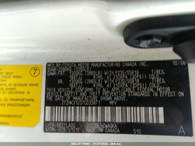 2007 LEXUS RX 350 VIN: 2T2HK31U37C035871