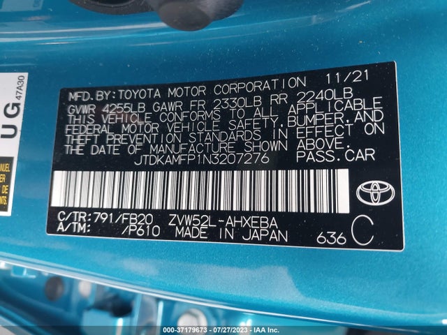 2022 TOYOTA PRIUS PRIME LE/XLE/LIMITED VIN: JTDKAMFP1N3207276