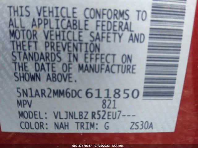 2013 NISSAN PATHFINDER S VIN: 5N1AR2MM6DC611850