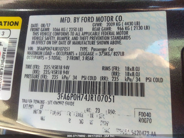 2018 FORD FUSION SE VIN: 3FA6P0H74JR107051