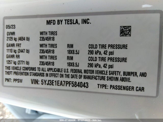 2023 Tesla 3, VIN: 5YJ3E1EA7PF584043