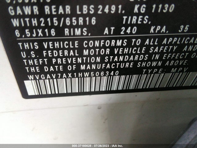 WVGAV7AX1HW506340 Volkswagen Tiguan 2.0t S