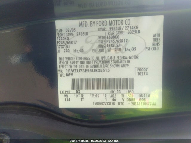 2005 FORD EXPLORER XLT VIN: 1FMZU73E55UB35515
