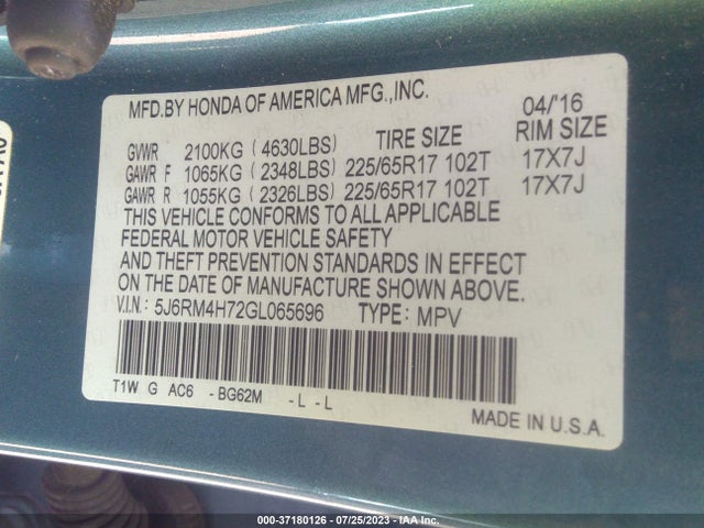 Honda Cr-v Ex-l 2016 5J6RM4H72GL065696 Image 9