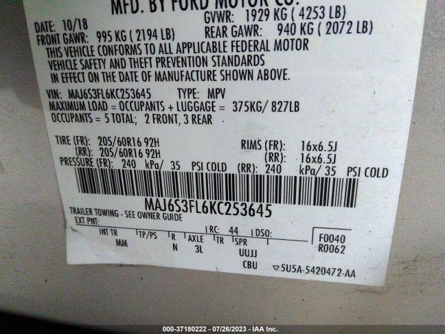 2019 FORD ECOSPORT S VIN: MAJ6S3FL6KC253645