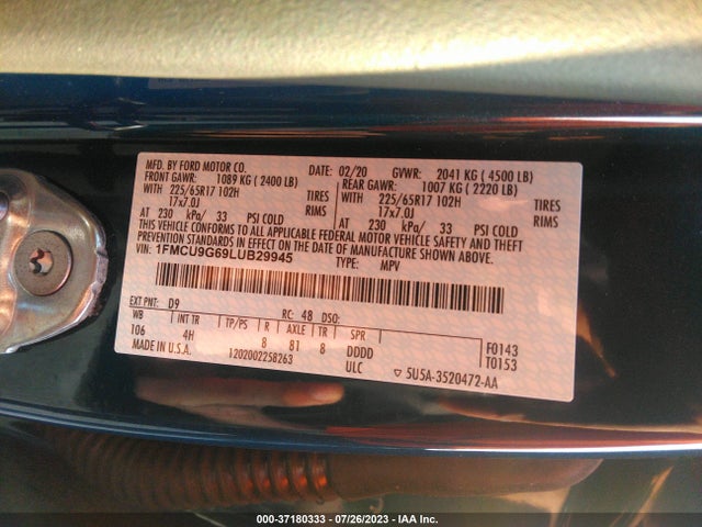 2020 FORD ESCAPE SE VIN: 1FMCU9G69LUB29945