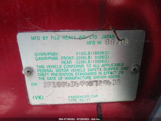 2004 SUBARU FORESTER X VIN: JF1SG63644H729638