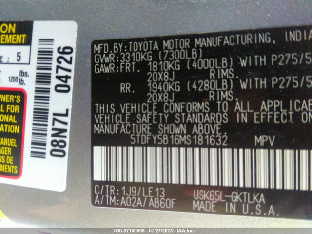 2021 Toyota Sequoia, VIN: 5TDFY5B16MS181632