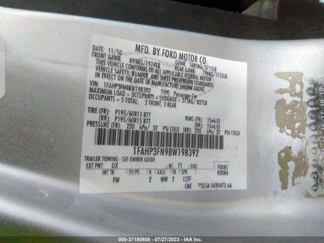2011 FORD FOCUS VIN: 1FAHP3FN9BW198392