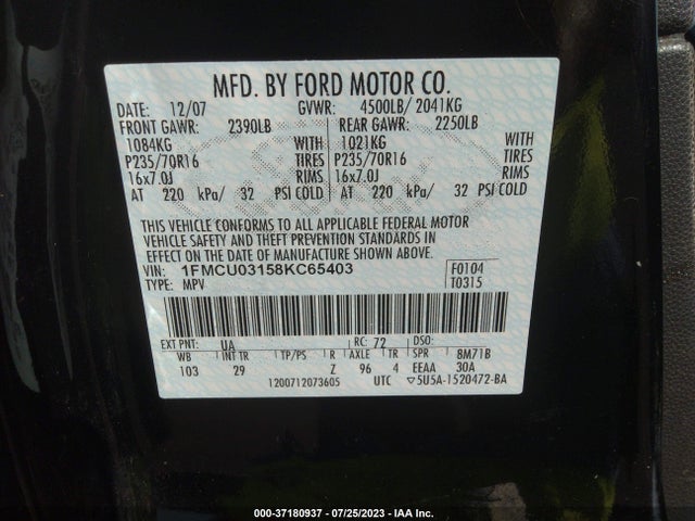 2008 FORD ESCAPE XLT VIN: 1FMCU03158KC65403