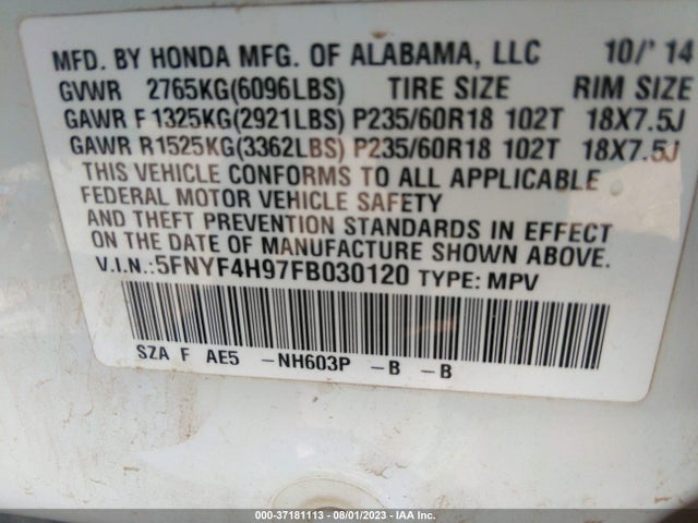 Honda Pilot Touring 2015 5FNYF4H97FB030120 Image 9
