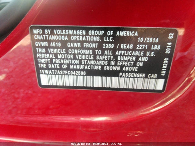 1VWAT7A37FC042506 Volkswagen Passat 1.8t Wolfsburg Ed
