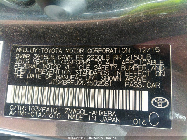 Toyota Prius Two 2016 JTDKBRFU9G3502581 Image 9