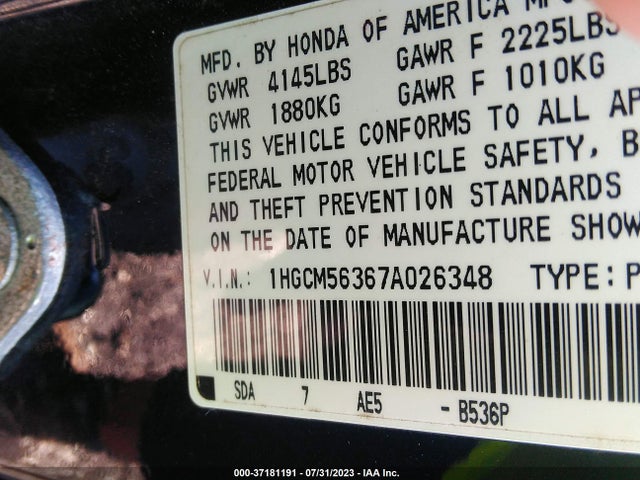 2007 HONDA ACCORD SDN LX SE VIN: 1HGCM56367A026348