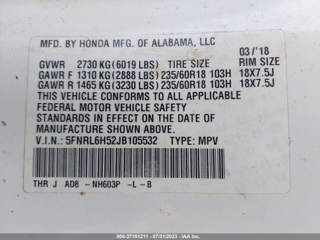 Honda ODYSSEY EX 2018 5FNRL6H52JB105532 Image 9