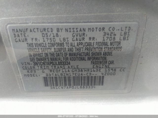 3N1CN7AP0JL883334 Nissan Versa Sedan Sv