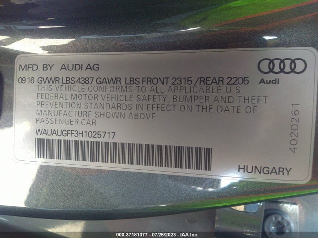 WAUAUGFF3H1025717 Audi A3 Sedan Premium