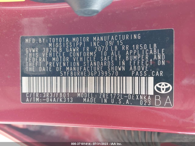 Toyota Corolla L/le/s/s Plus/le Plus 2016 5YFBURHE3GP399570 Image 16