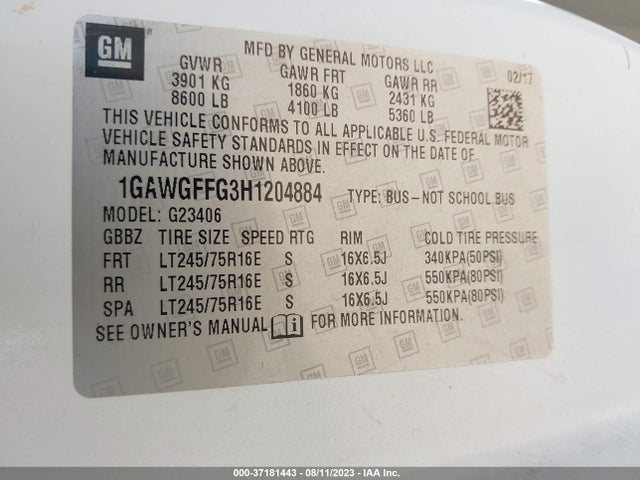 2017 CHEVROLET EXPRESS 2500 LT VIN: 1GAWGFFG3H1204884