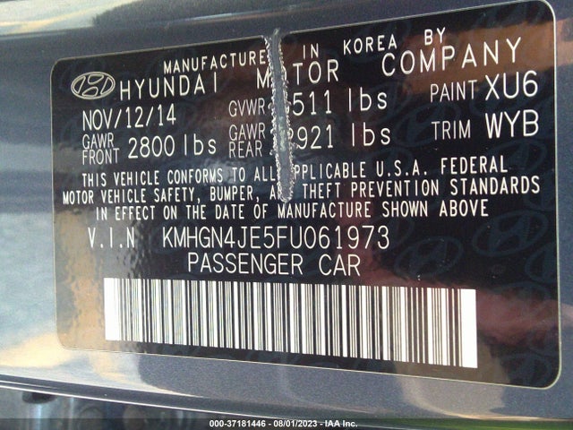Продажа на аукционе авто 2015 Hyundai Genesis 3.8l, vin: KMHGN4JE5FU061973, номер лота: 37181446