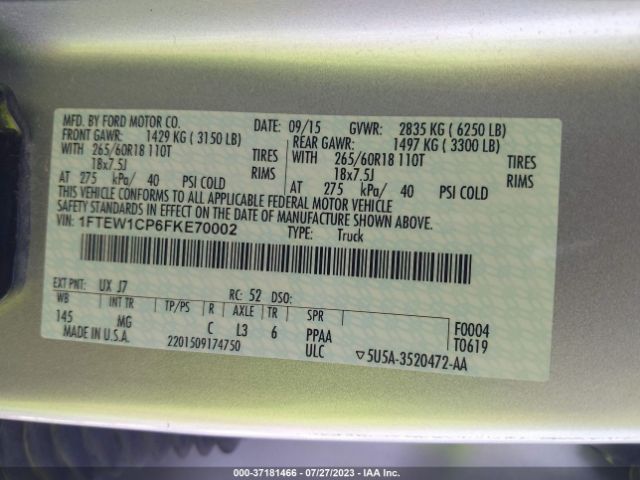 1FTEW1CP6FKE70002 Ford F-150 Xl/lariat/xlt