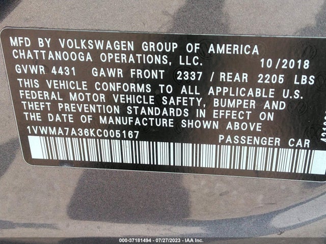 2019 VOLKSWAGEN PASSAT 2.0T SE R-LINE VIN: 1VWMA7A36KC005167