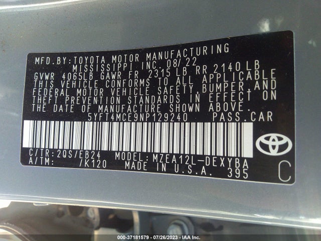2022 TOYOTA COROLLA XSE/APEX XSE VIN: 5YFT4MCE9NP129240