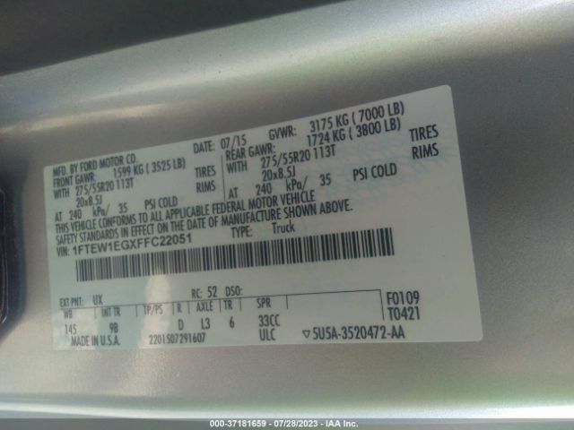 1FTEW1EGXFFC22051 Ford F-150 Platinum