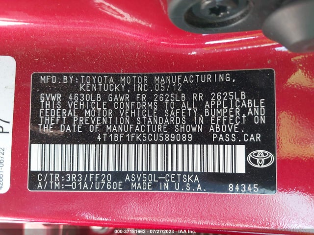 2012 TOYOTA CAMRY L/LE/SE/XLE VIN: 4T1BF1FK5CU589089