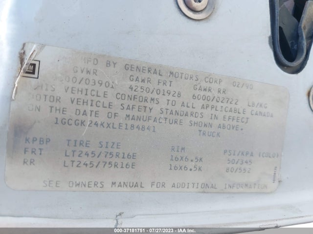 1990 CHEVROLET GMT-400 K2500 VIN: 1GCGK24KXLE184841