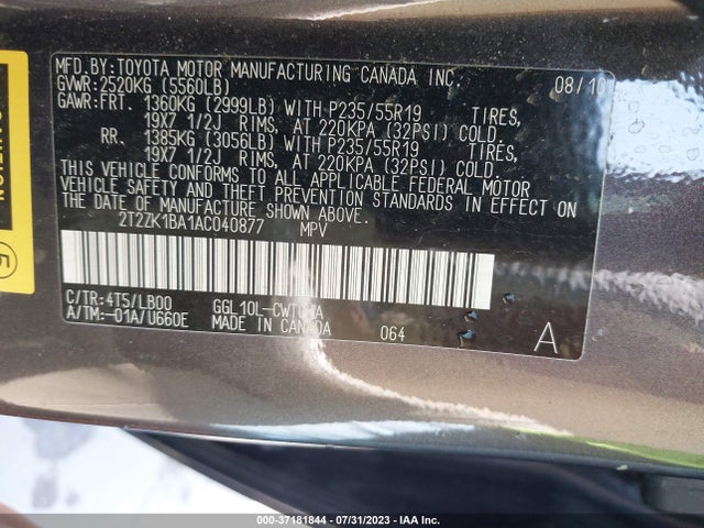 2010 LEXUS RX 350 VIN: 2T2ZK1BA1AC040877
