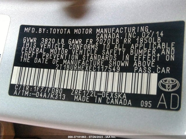 Toyota Corolla L/le/s/s Plus/le Plus 2014 2T1BURHEXEC117549 Image 9