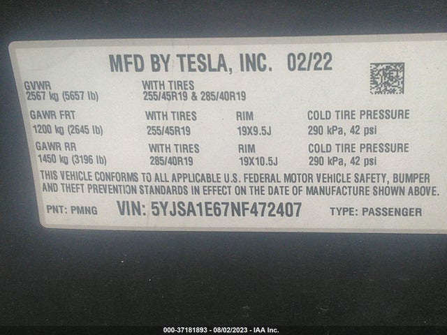 Tesla Model S Plaid 2022 5YJSA1E67NF472407 Image 9