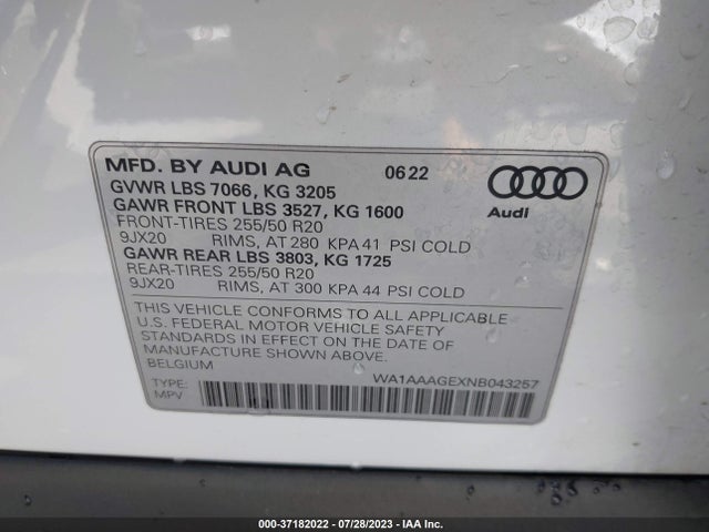 2022 Audi e-tron, VIN: WA1AAAGEXNB043257