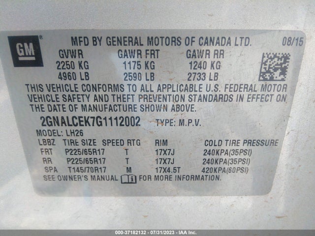 Chevrolet EQUINOX LT 2016 2GNALCEK7G1112002 Image 9