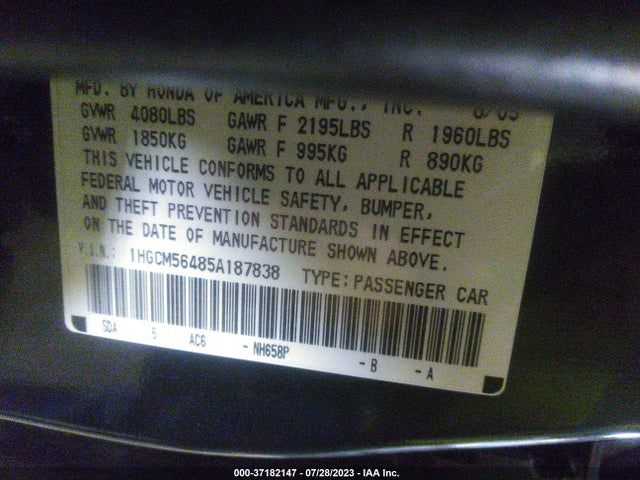 2005 HONDA ACCORD SDN LX VIN: 1HGCM56485A187838