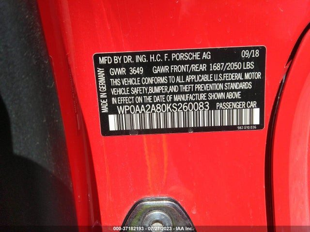 2019 PORSCHE 718 CAYMAN WP0AA2A80KS260083 Photo 8