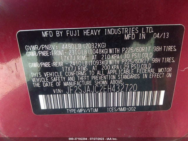2014 SUBARU FORESTER 2.5I LIMITED VIN: JF2SJAJC2EH432720