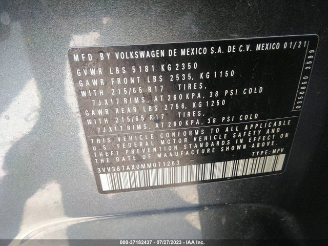 3VV3B7AX0MM071263 Volkswagen Tiguan Se/se R-line Black/sel