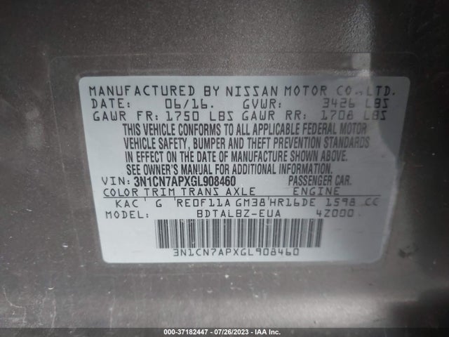 2016 NISSAN VERSA SV VIN: 3N1CN7APXGL908460