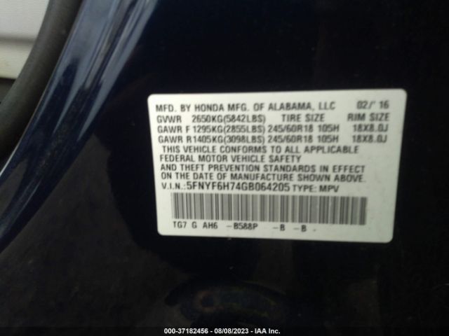 5FNYF6H74GB064205 Honda Pilot Ex-l