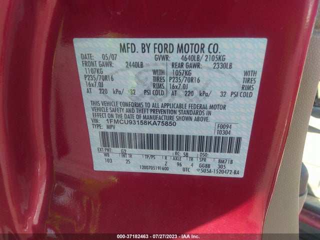 2008 FORD ESCAPE XLT VIN: 1FMCU93158KA75850
