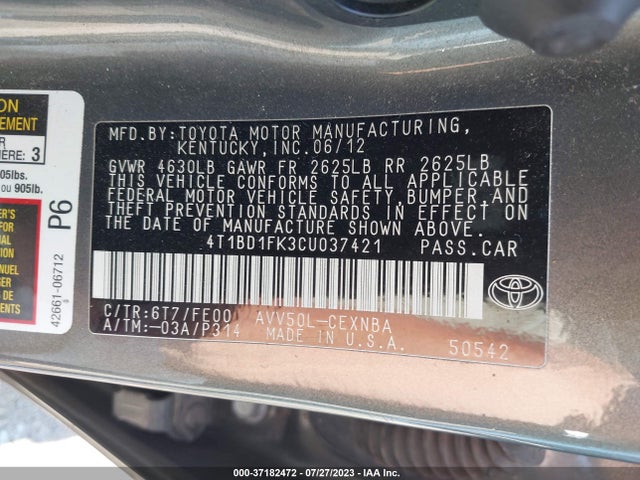2012 TOYOTA CAMRY HYBRID XLE/LE VIN: 4T1BD1FK3CU037421