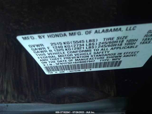Honda PILOT LX 2017 5FNYF5H16HB007947 Image 9