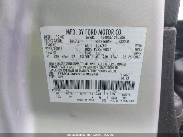 2008 FORD ESCAPE LIMITED VIN: 1FMCU94138KC82249